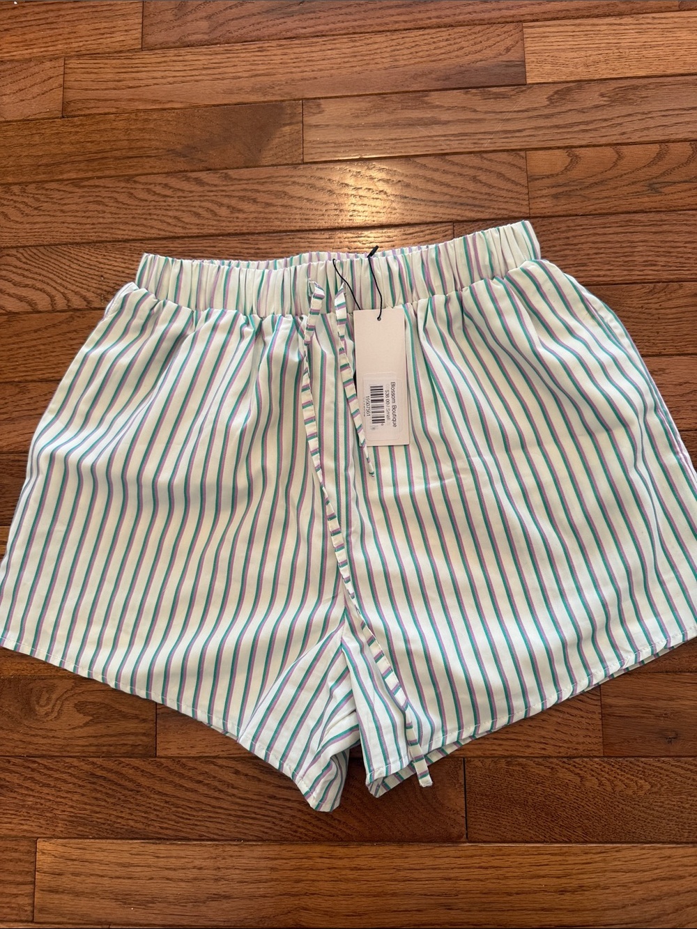 Strut & Bolt Striped Drawstring lined Shorts - White with Green & purpleStripes